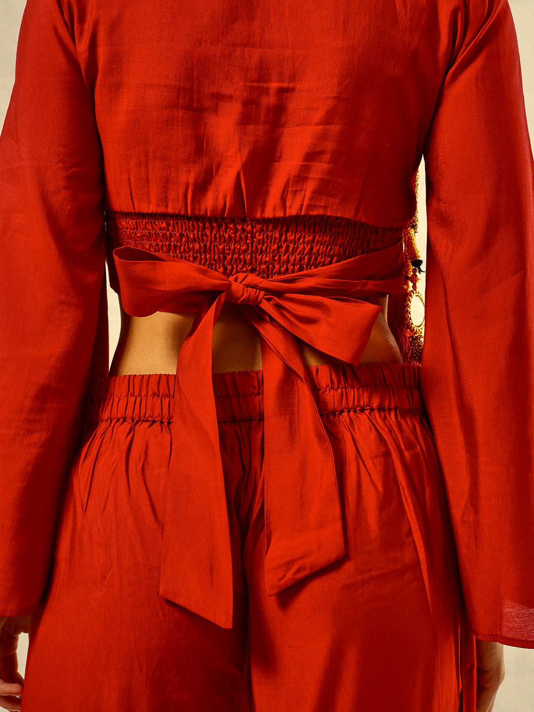 Maroon Zari Embroidered  Festive Tie Up CropTop with Layered Palazzo