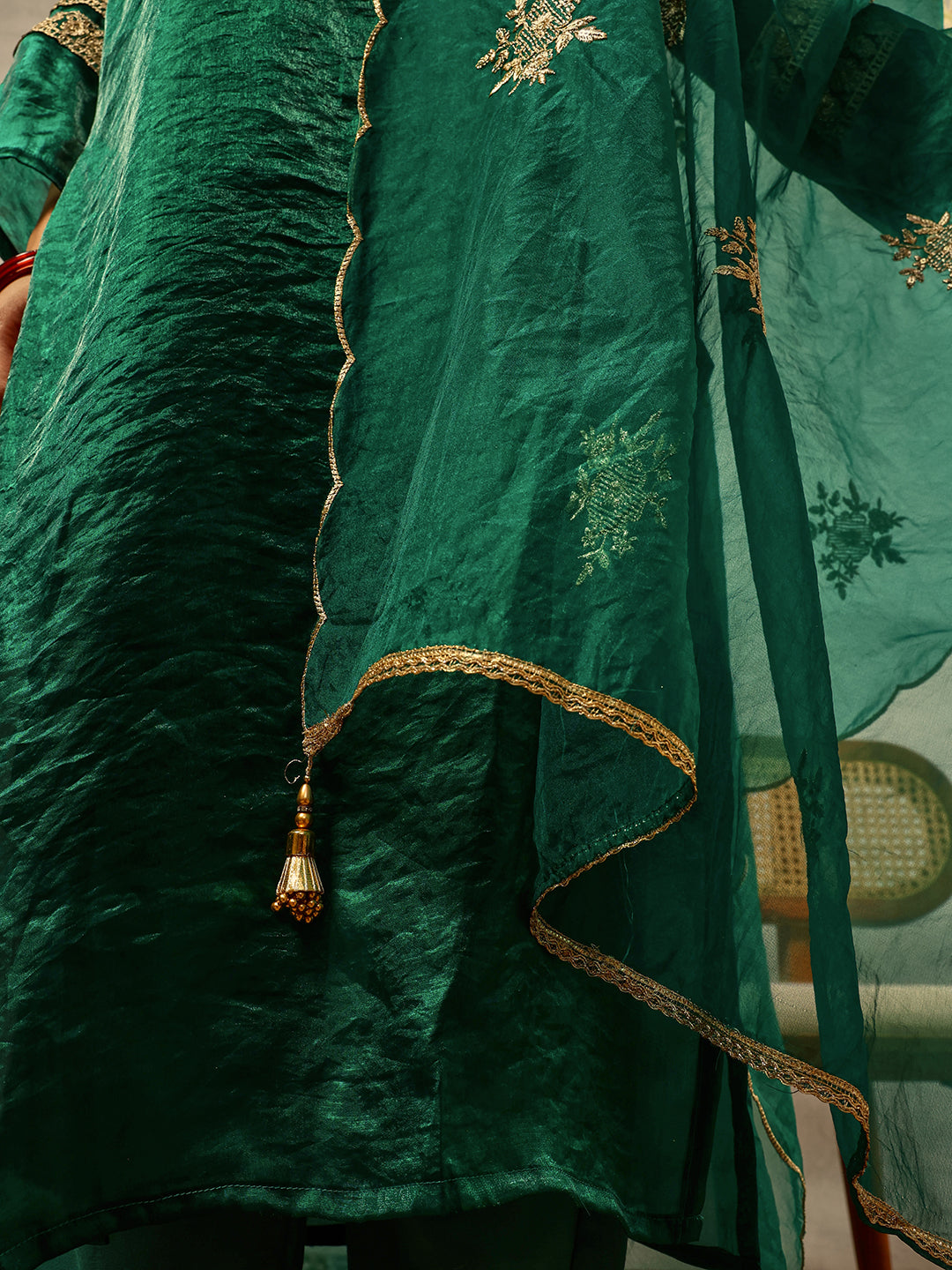 Green Cording & Zari Embroidered  Festive Kurta with Trouser & Embellished Organza Dupatta