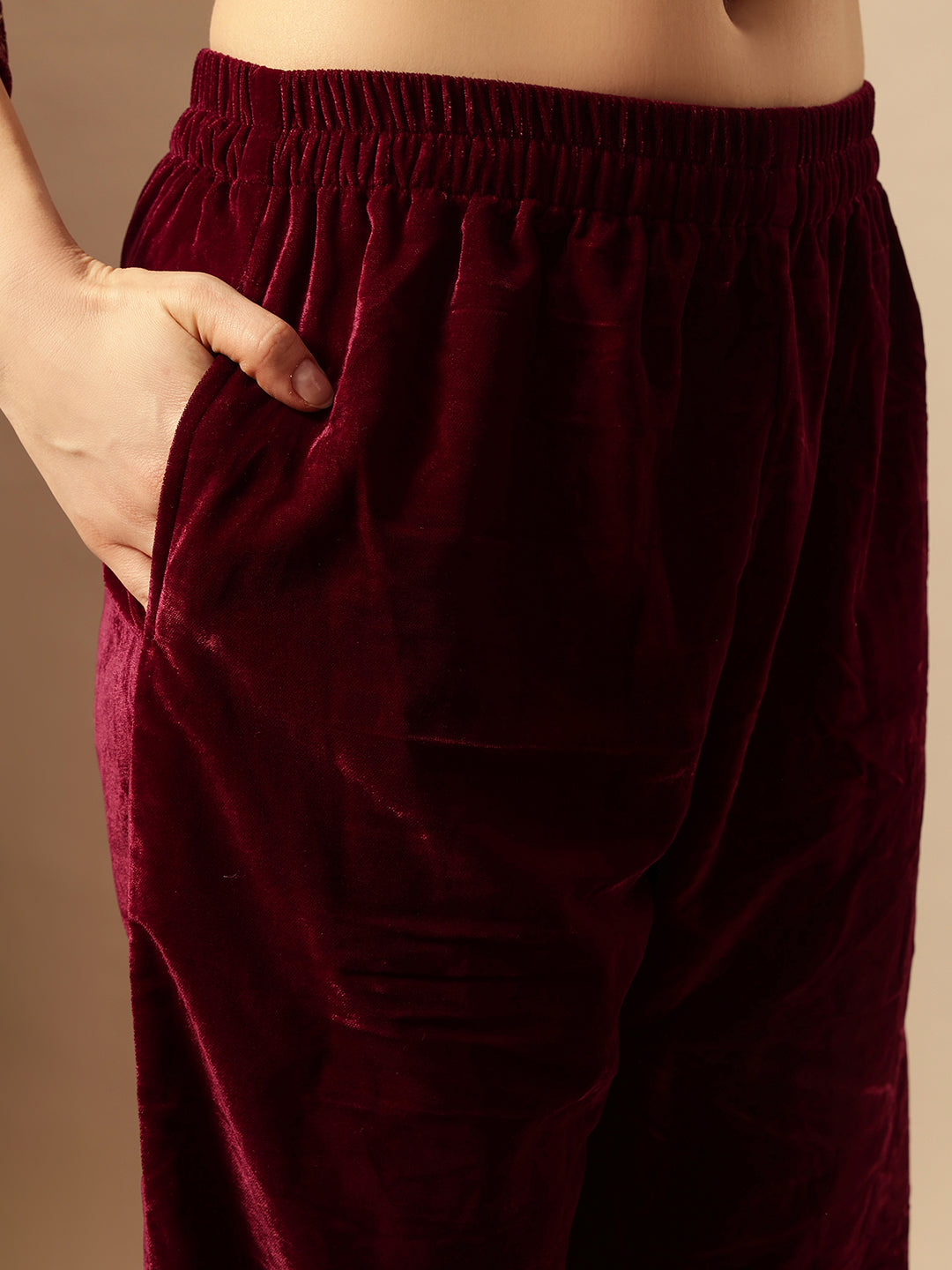 Rich Wine Velvet Gold Print Straight Kurta sets with dupatta