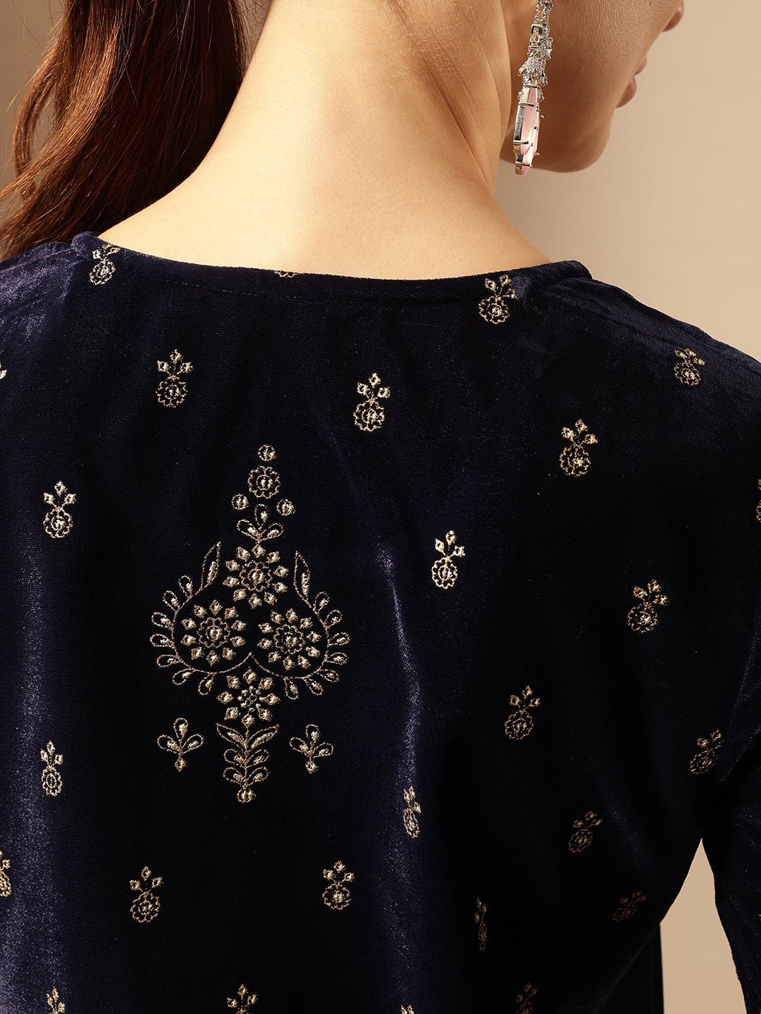 Rich Navy  Velvet Gold Print Straight Kurta sets with dupatta