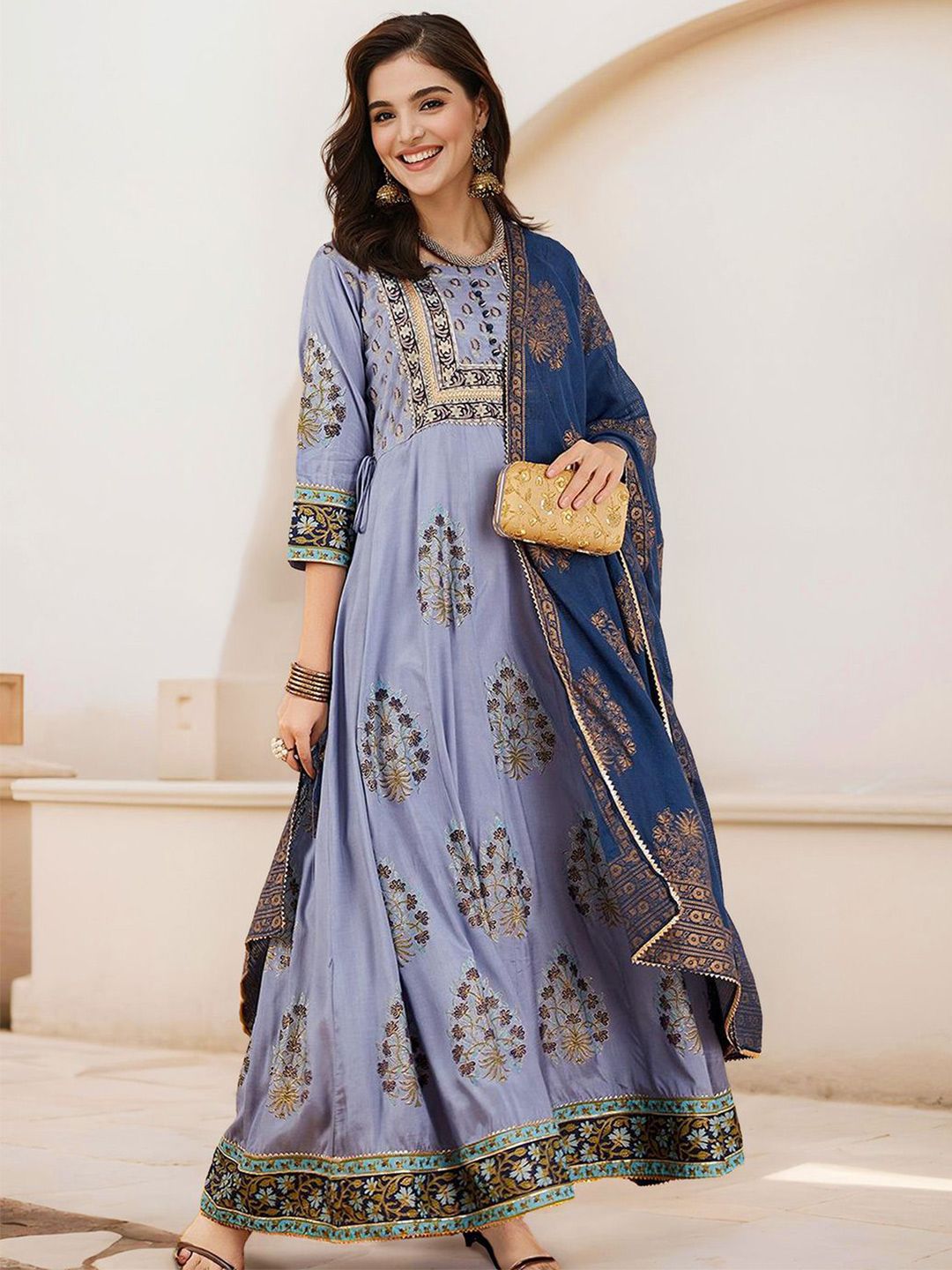 Rich Cotton Blue Ethnic Printed A-Line Dress With Gold Foil Printed Dupatta