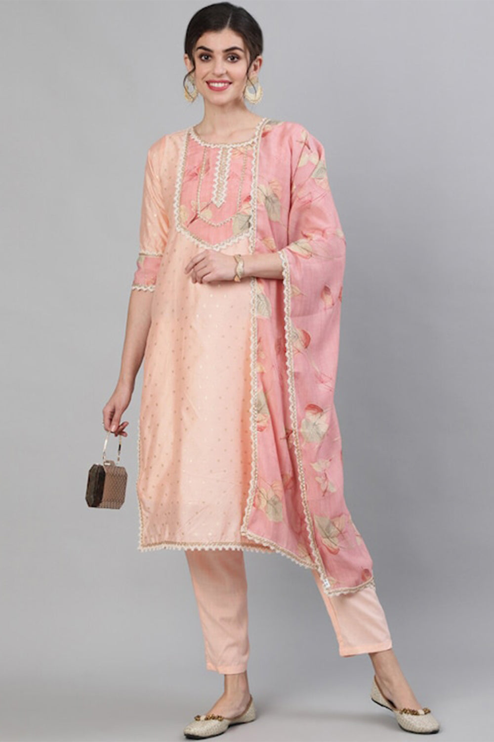 Ishin Women Peach-Coloured Golden Woven Design Kurta Set