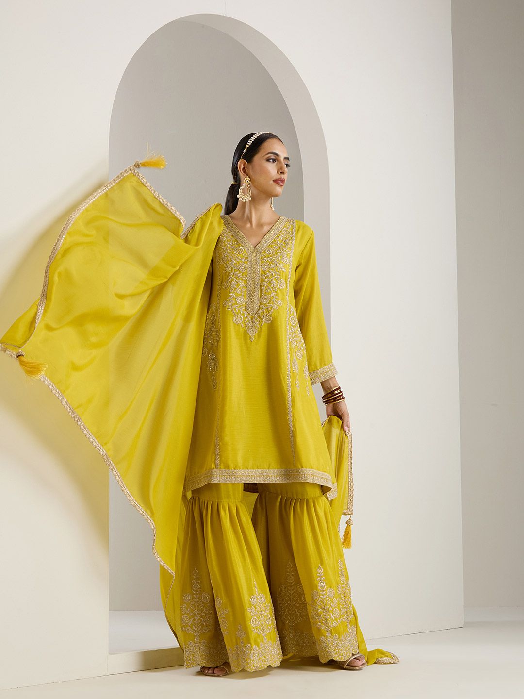 Rich Mustard Chinon Zari Embroidered Kurta Set With Sharara Bottom And Silk Blend Tassel Dupatta