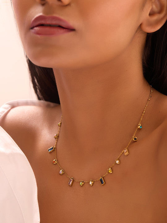 Ishin Multi  Colour Gold Plated Artificial Stones And Beads Chain