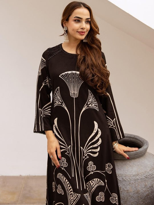 Soft Black Viscose Rayon Printed Straight Fit Kurta Set