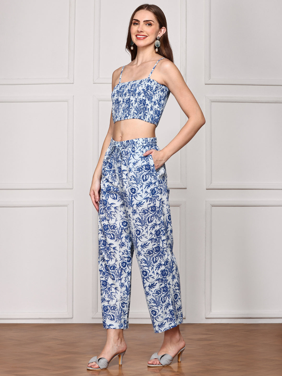 Comfy Cotton Blue Floral Printed Smoked Crop Top Paired With Flared Bottom And Jacket Co-Ords
