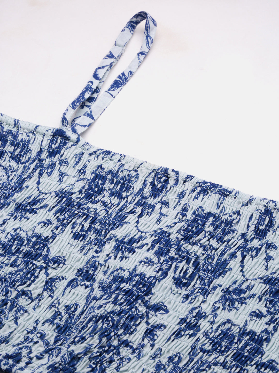 Comfy Cotton Blue Floral Printed Smoked Crop Top Paired With Flared Bottom And Jacket Co-Ords