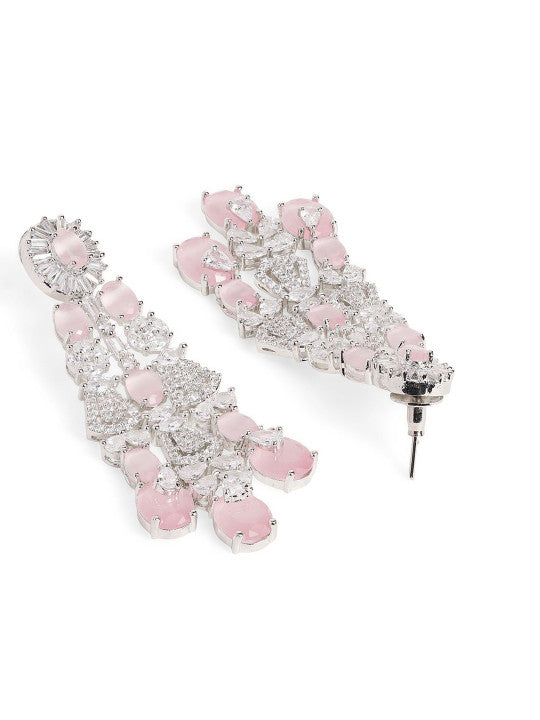 Ishin Pink Colour Silver Plated American Diamond Drop Earring