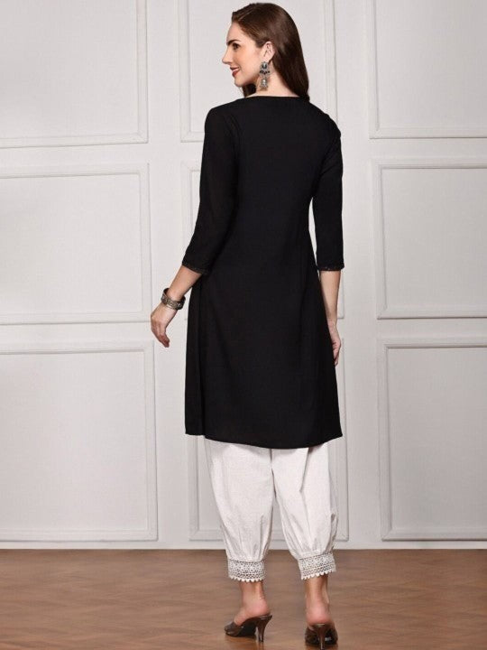 Comfy Black Viscose Rayon Floral Printed Aline Fit Kurta