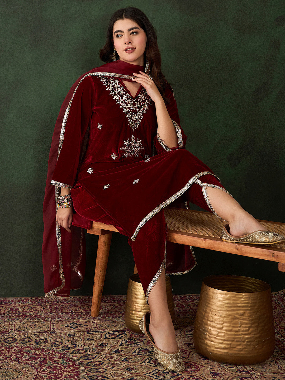 Rich Maroon Velvet Zari Embroidery Straight fit kurta set paired with dothi and dupatta