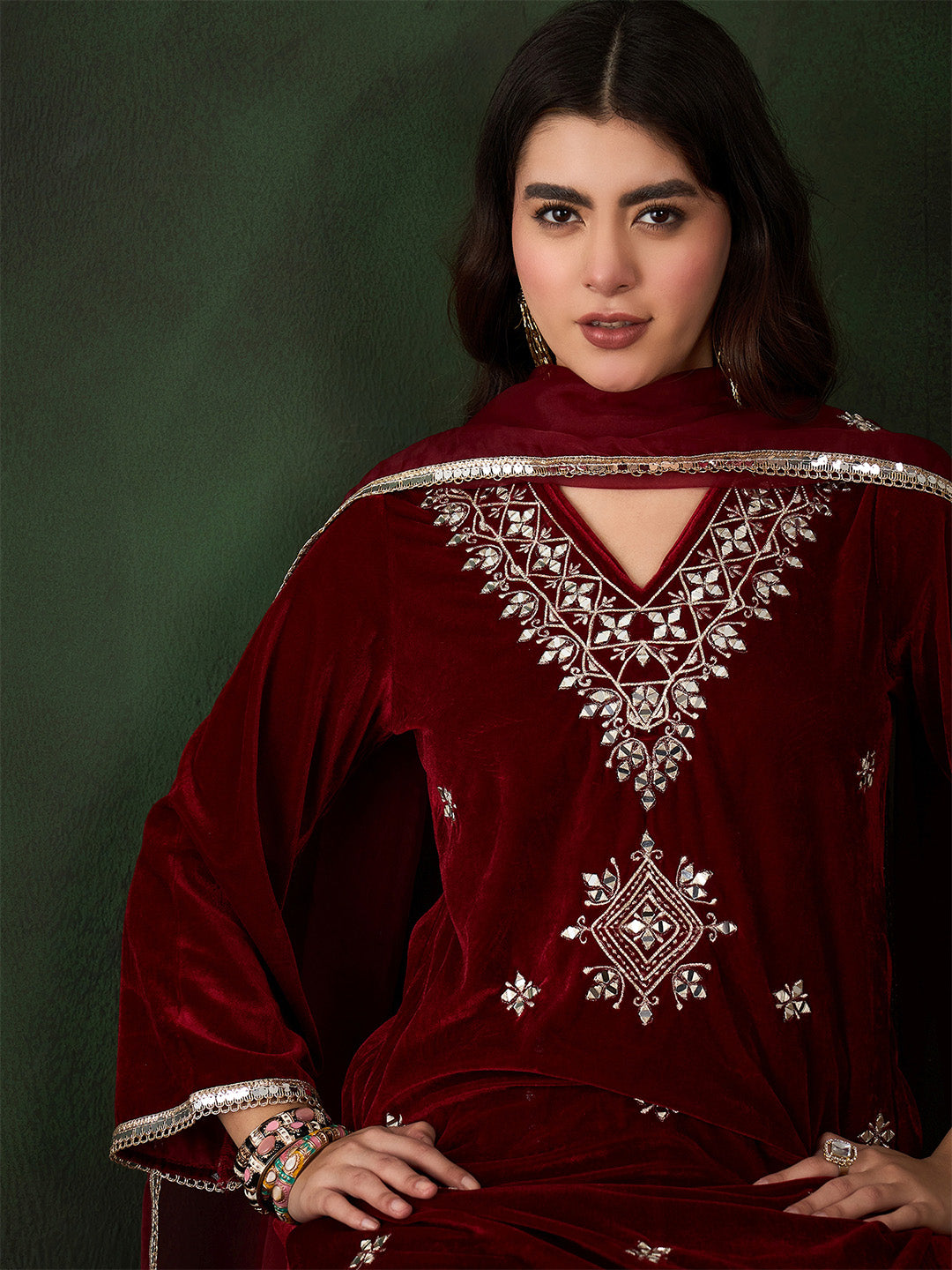 Rich Maroon Velvet Zari Embroidery Straight fit kurta set paired with dothi and dupatta