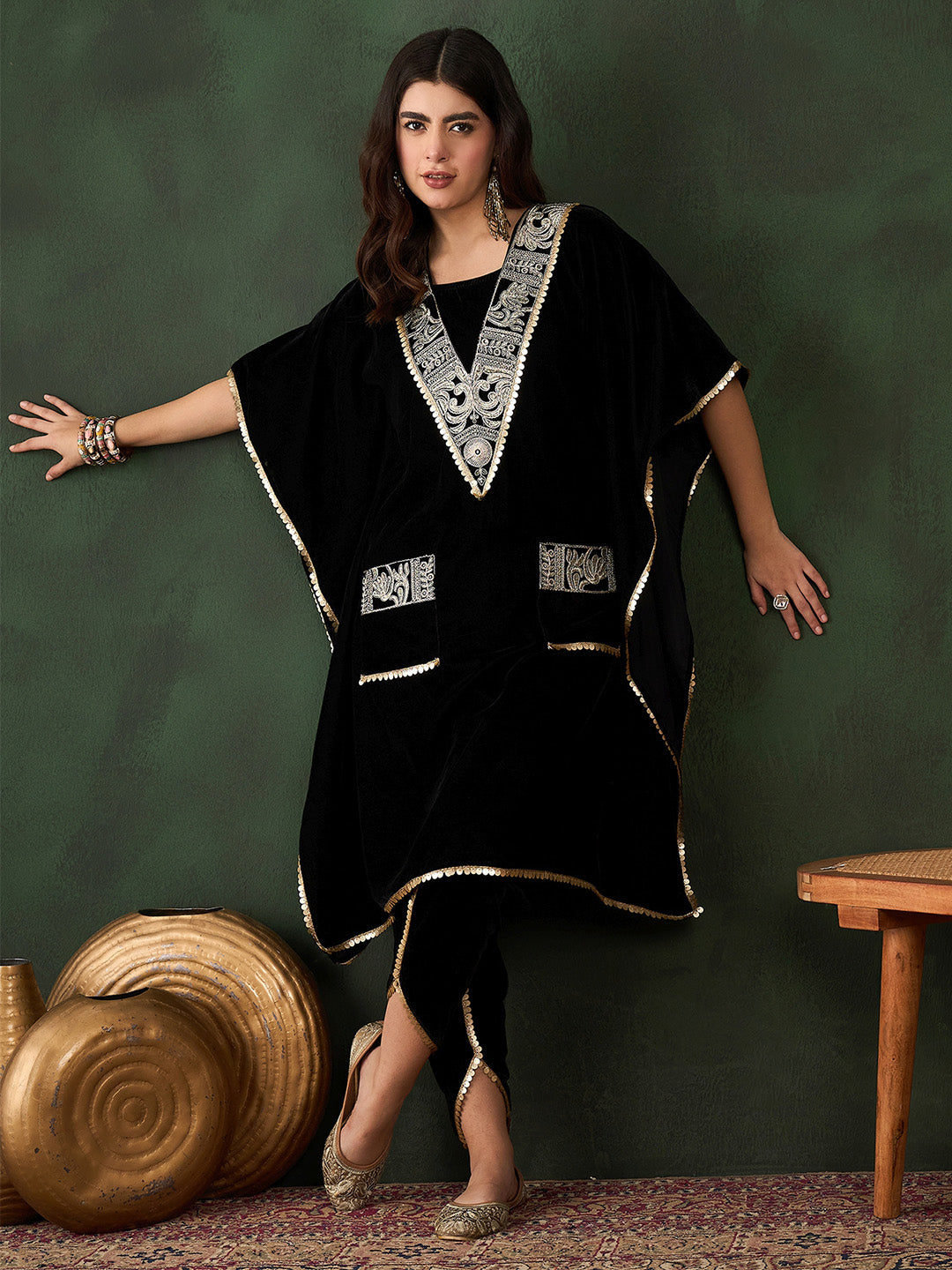 rich Black Velvet Zari embroidery kaftan fusion set