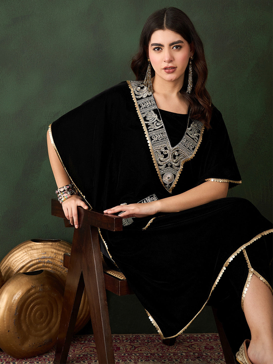 rich Black Velvet Zari embroidery kaftan fusion set
