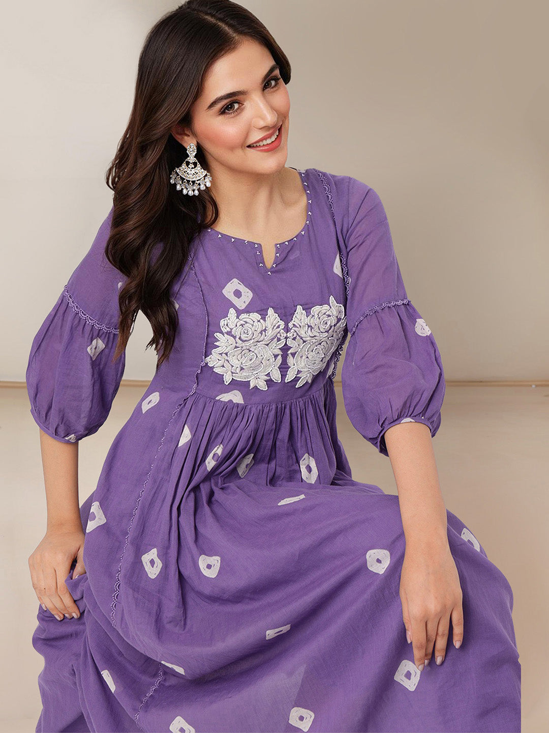 Comfy Purple Cotton Bandhani Printed A-line Fit  Kurta Set
