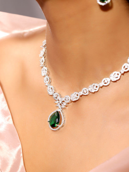 Ishin Green  Colour Silver Plated American Diamond Jewellery Set