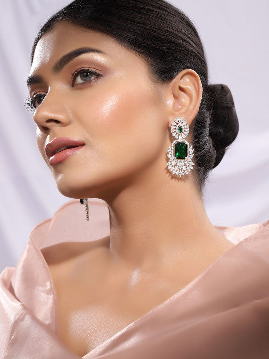 Ishin Green Colour Silver Plated American Diamond Drop Earring