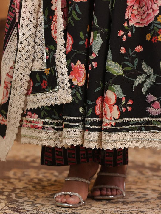 Graceful Black Cotton Floral Printed & Embroidered Angrakha Fit Kurta Set With Dupatta