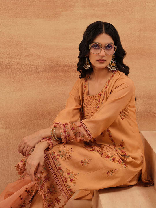 Ishin Women Orange Roman Silk 3Pcs Kurta Set