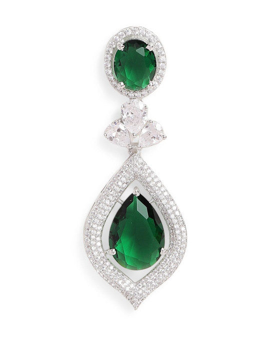 Ishin Green Colour Silver Plated American Diamond Drop Earring