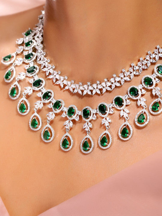 Ishin Green  Colour Silver Plated American Diamond Jewellery Set