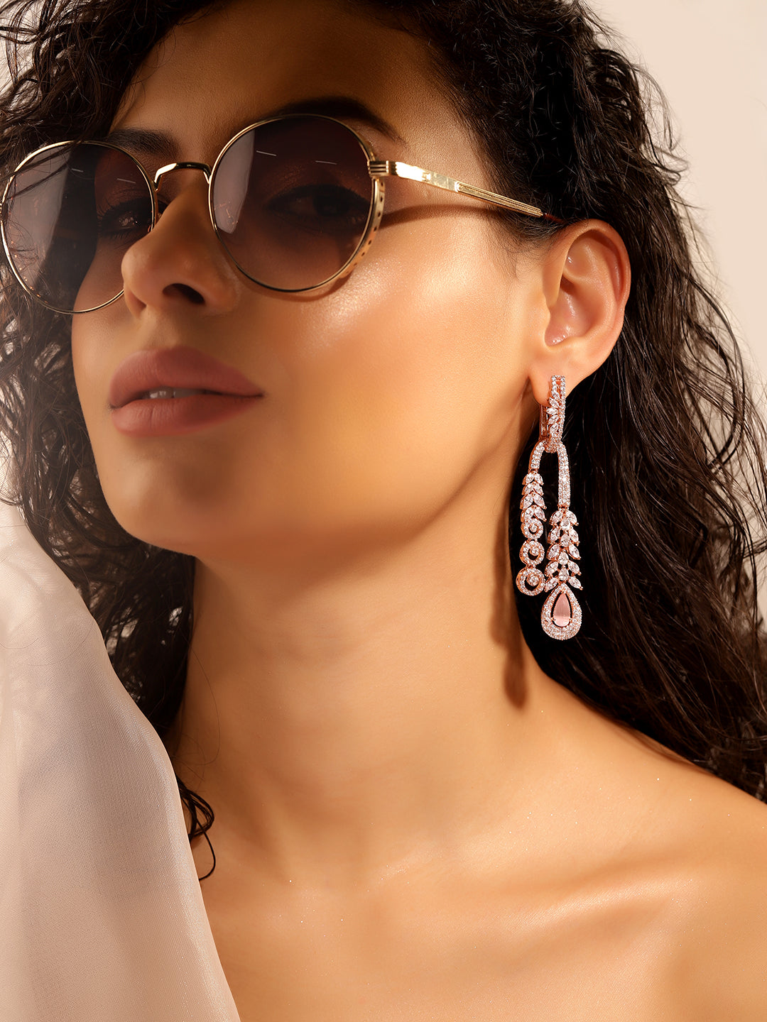 White Colour Rose Gold Plated AD Drop Earring