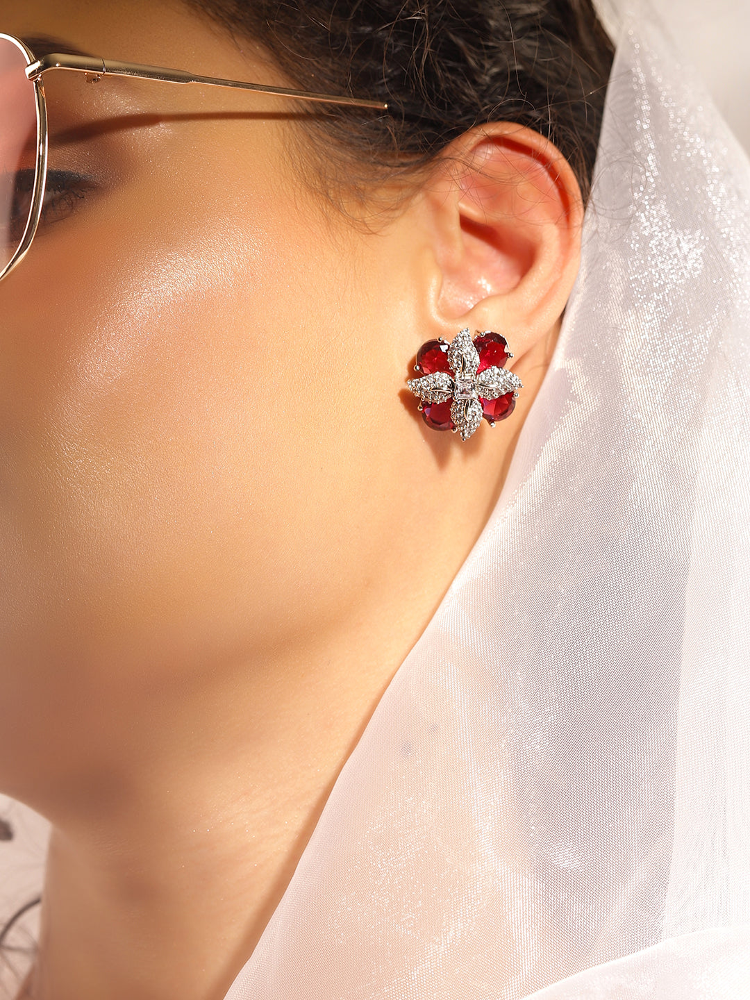 Pink Colour Silver Plated AD Studs Earring