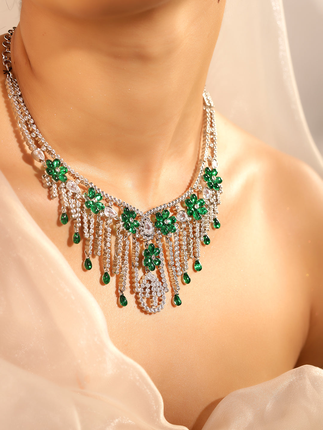 Green Colour Silver Plated AD Jewellery Set