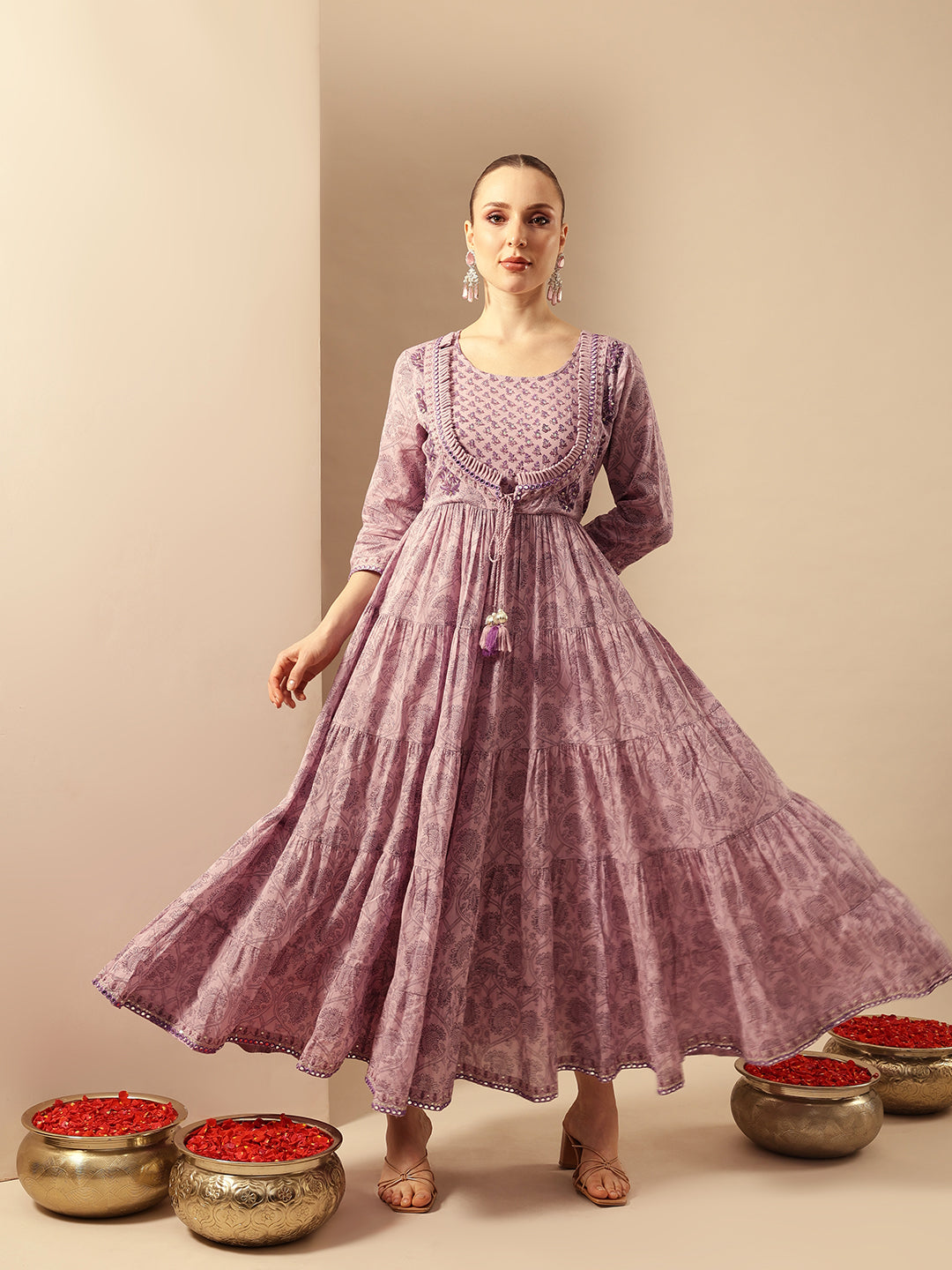 Comfy Flared Embellished Lavender Dress