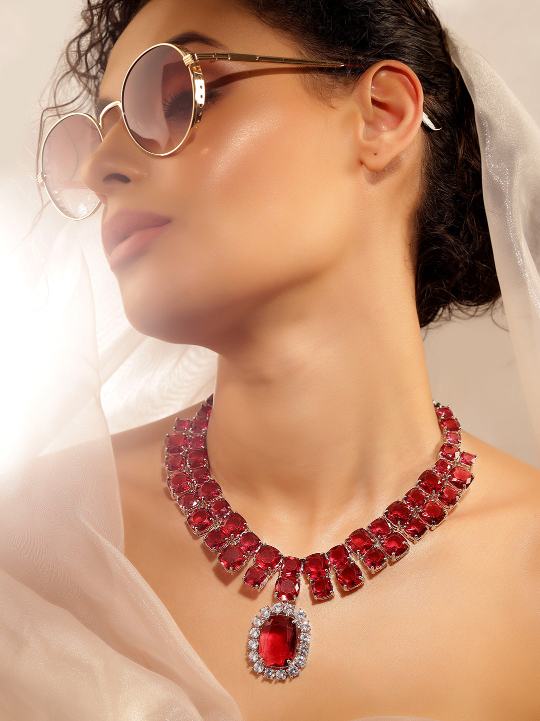 Red Colour Silver Plated AD Jewellery Set