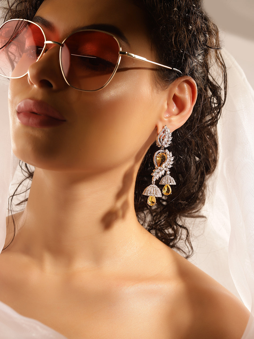 Yellow Colour Silver Plated AD Drop Earring