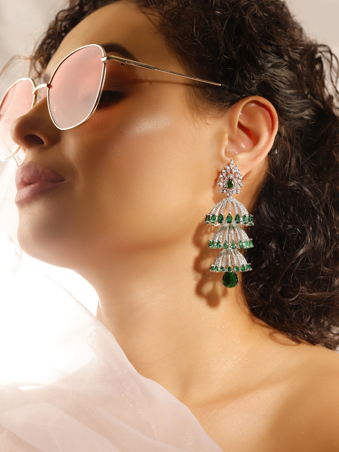Green Colour Silver Plated AD Jhumka Earring