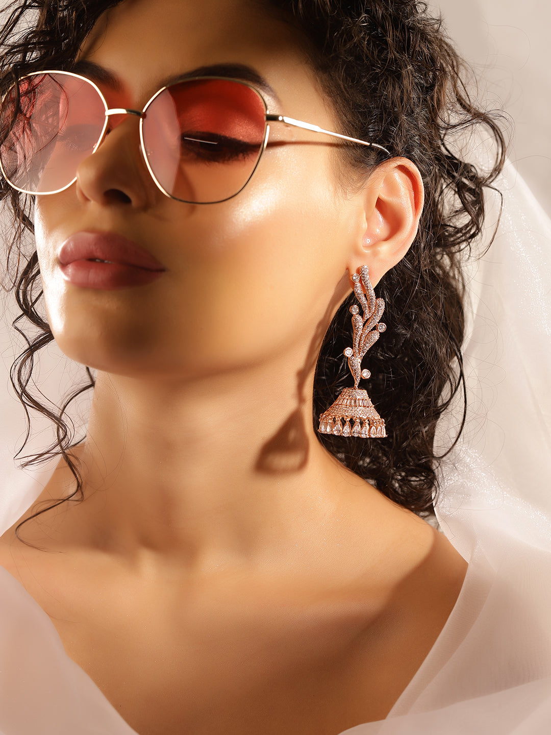 White Colour Rose Gold Plated AD Jhumka Earring