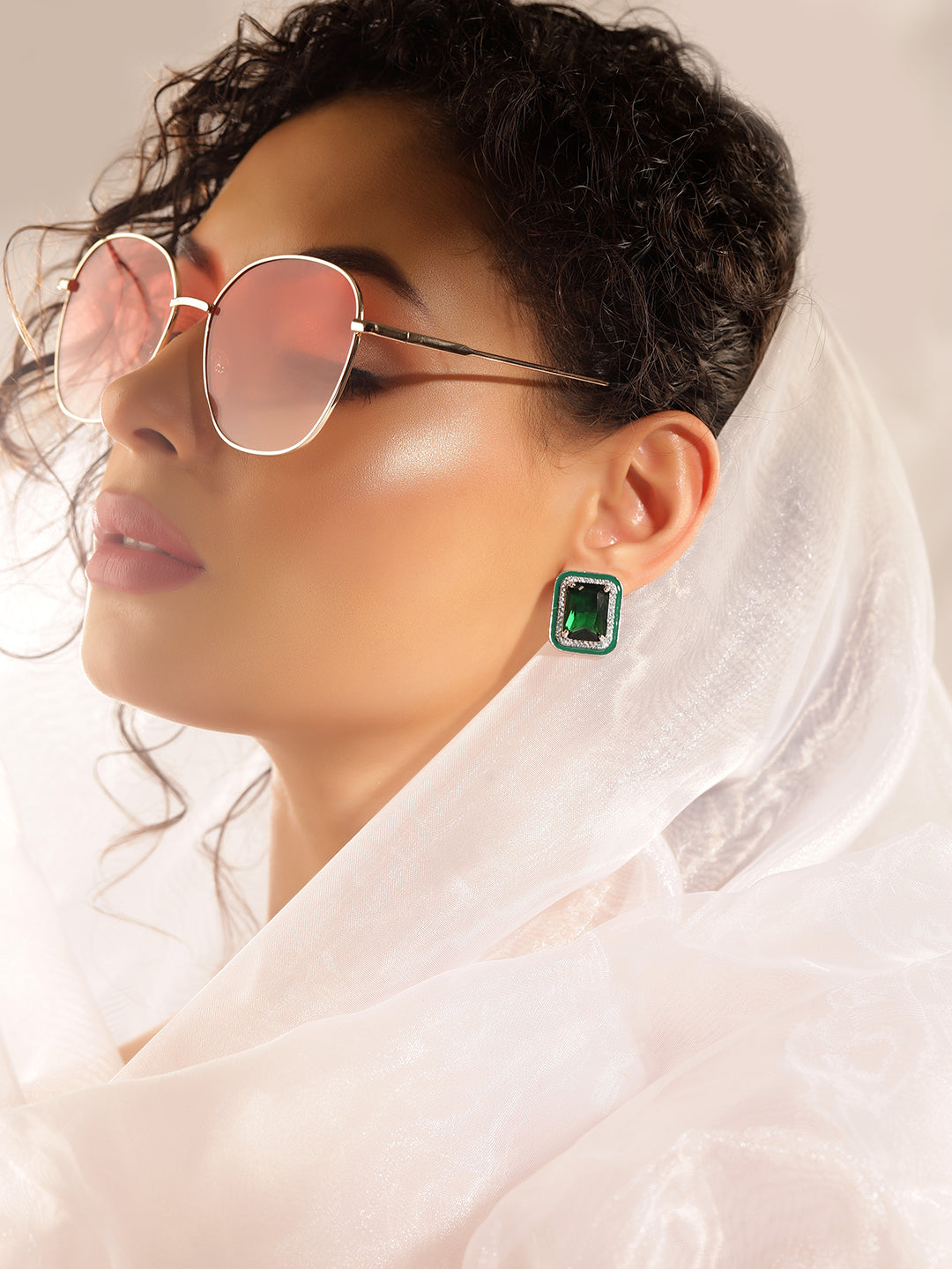 Green Colour Silver Plated AD Studs Earring