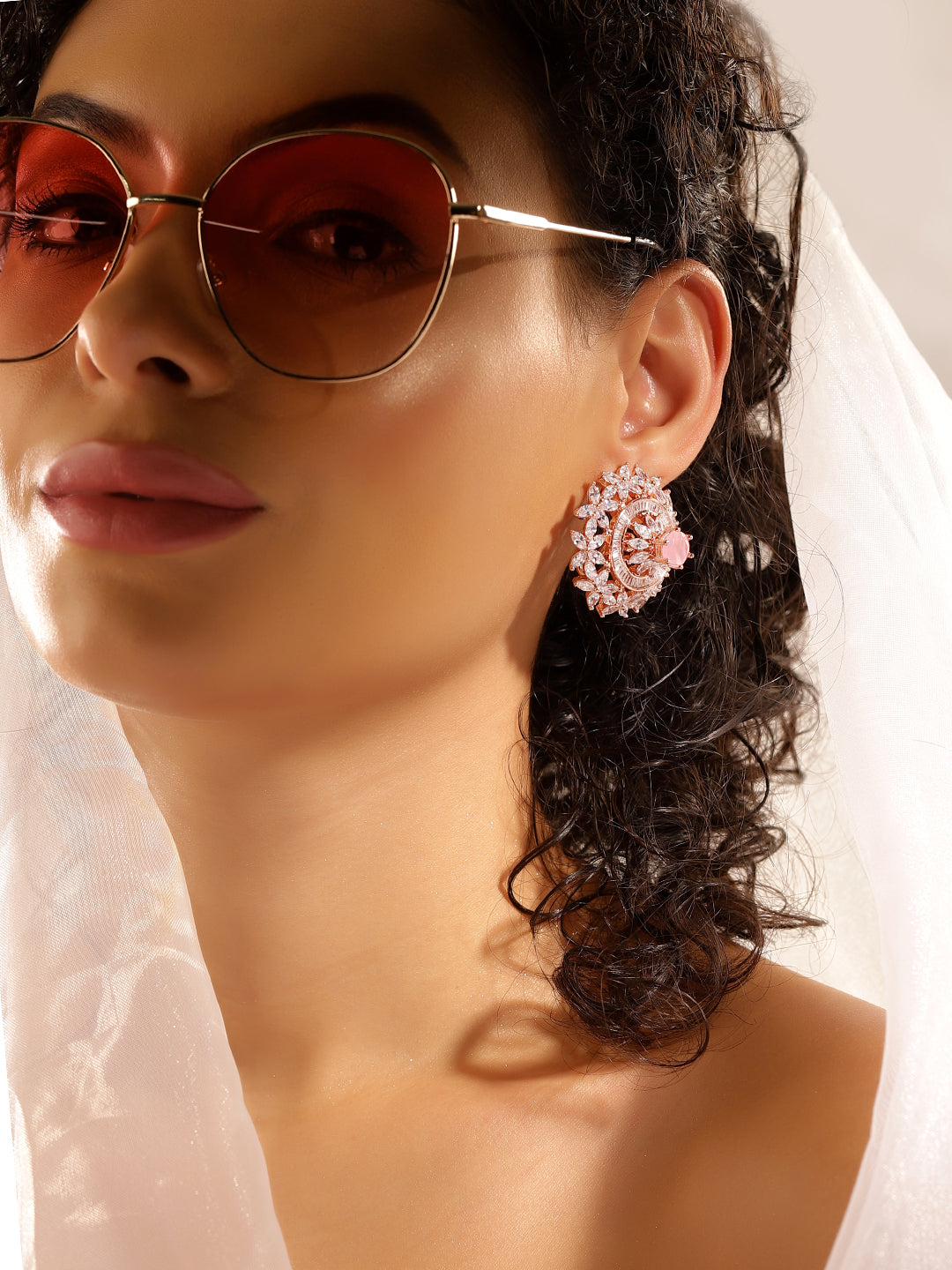 Pink Colour Gold Plated AD Studs Earring