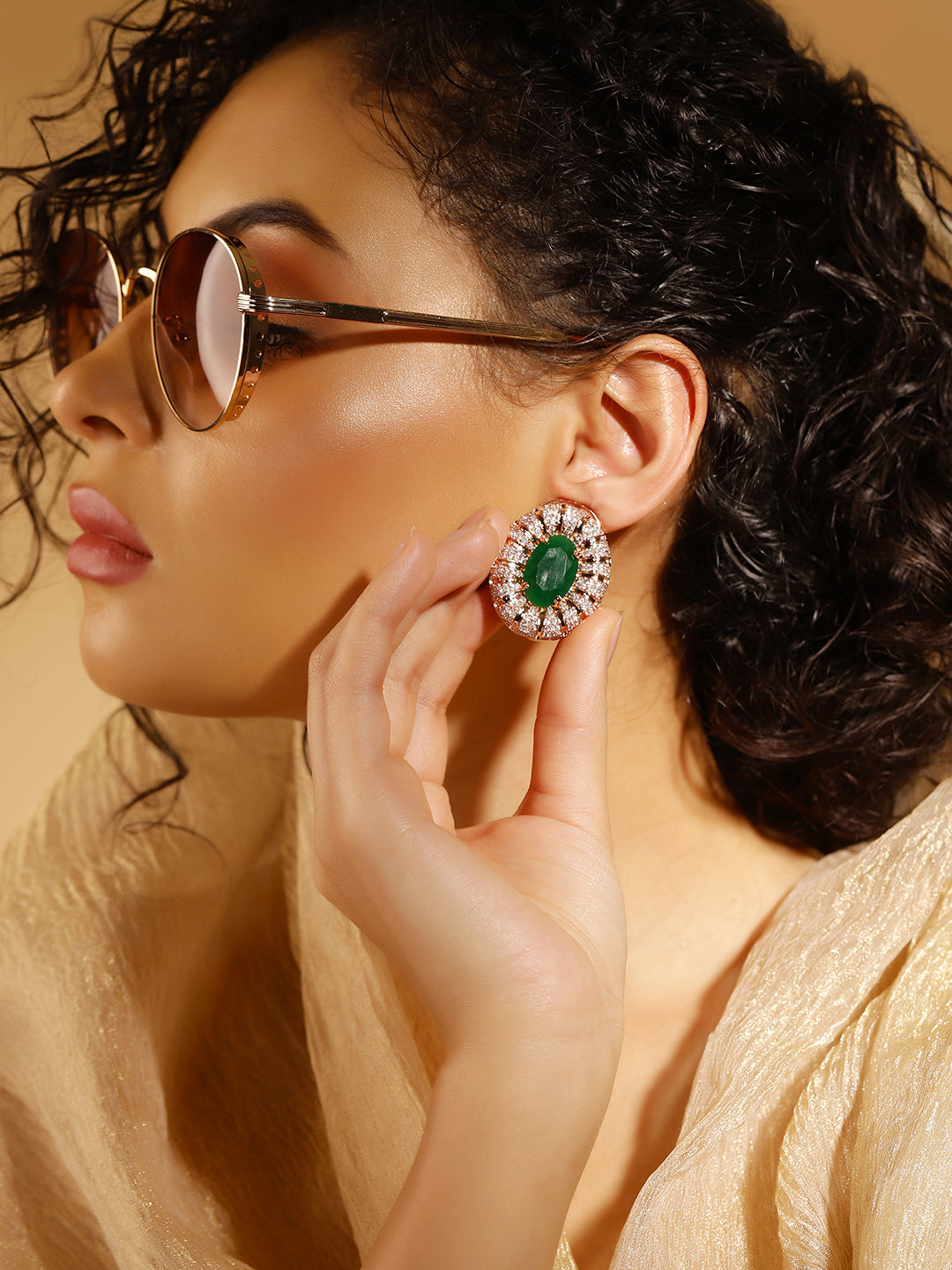 Green Colour Rose Gold Plated AD Studs Earring