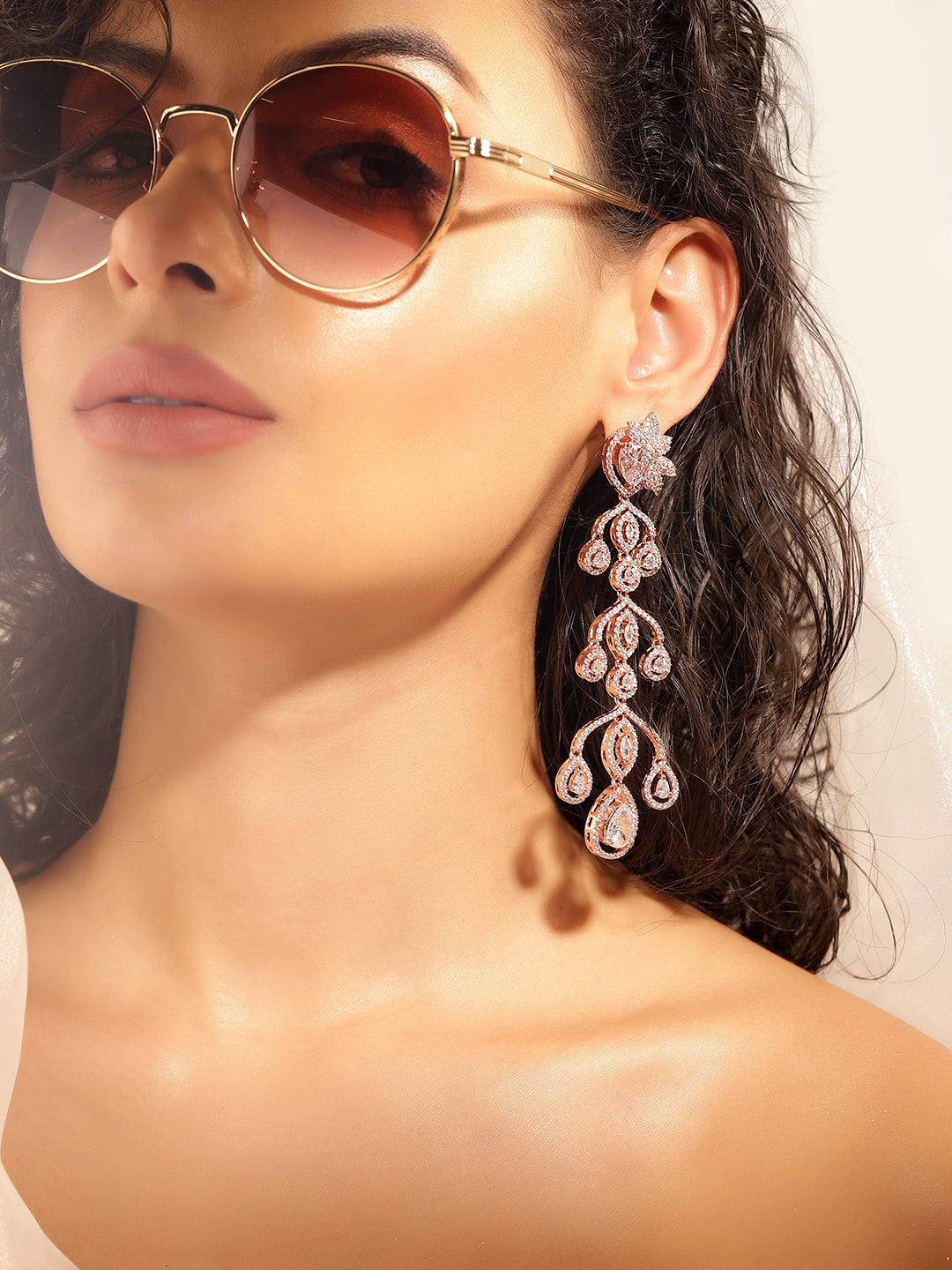 White Colour Rose Gold Plated AD Drop Earring