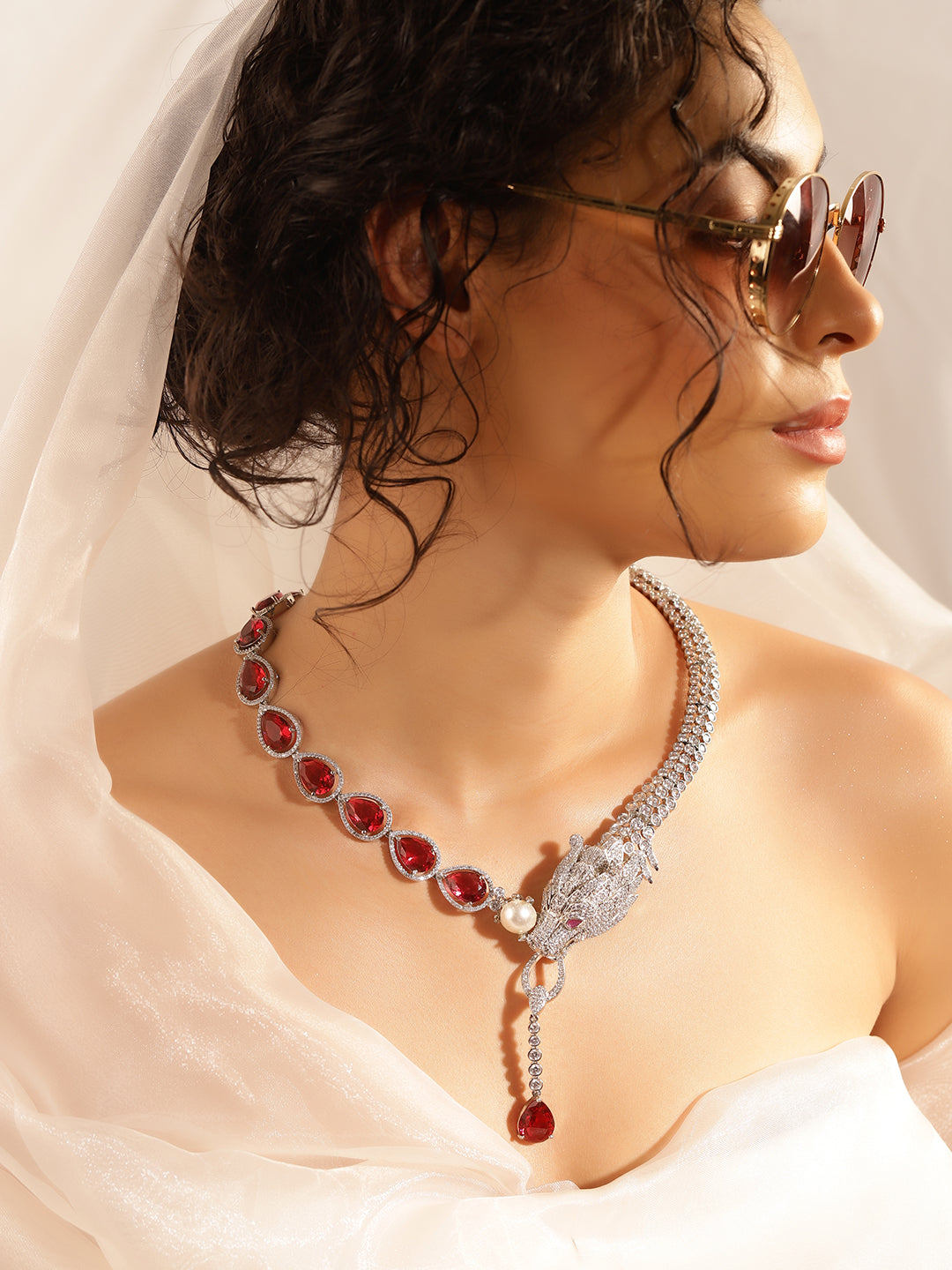 Red Colour Silver Plated AD Jewellery Set