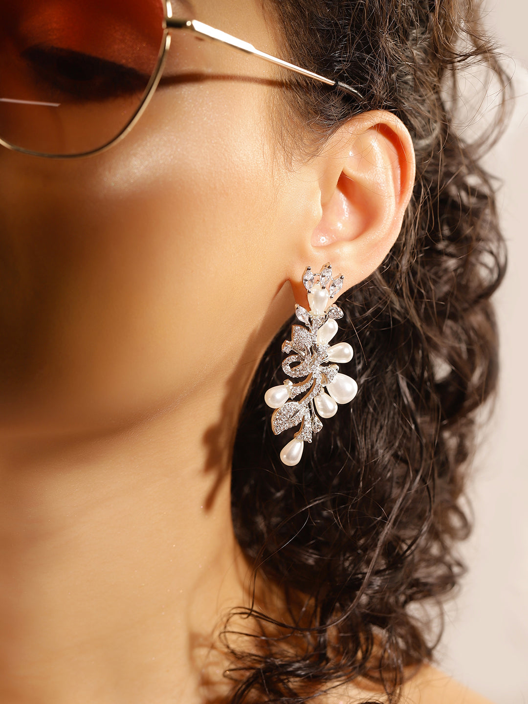 White Colour Silver Plated AD Drop Earring