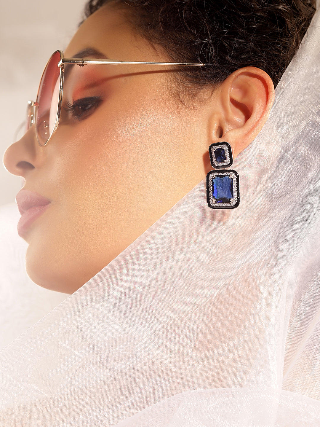 Blue Colour Silver Plated AD Drop Earring