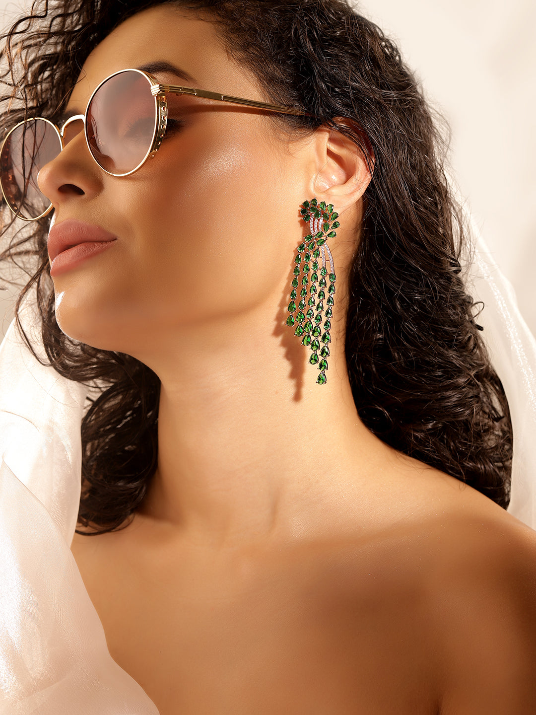 Green Colour Gold Plated AD Drop Earring