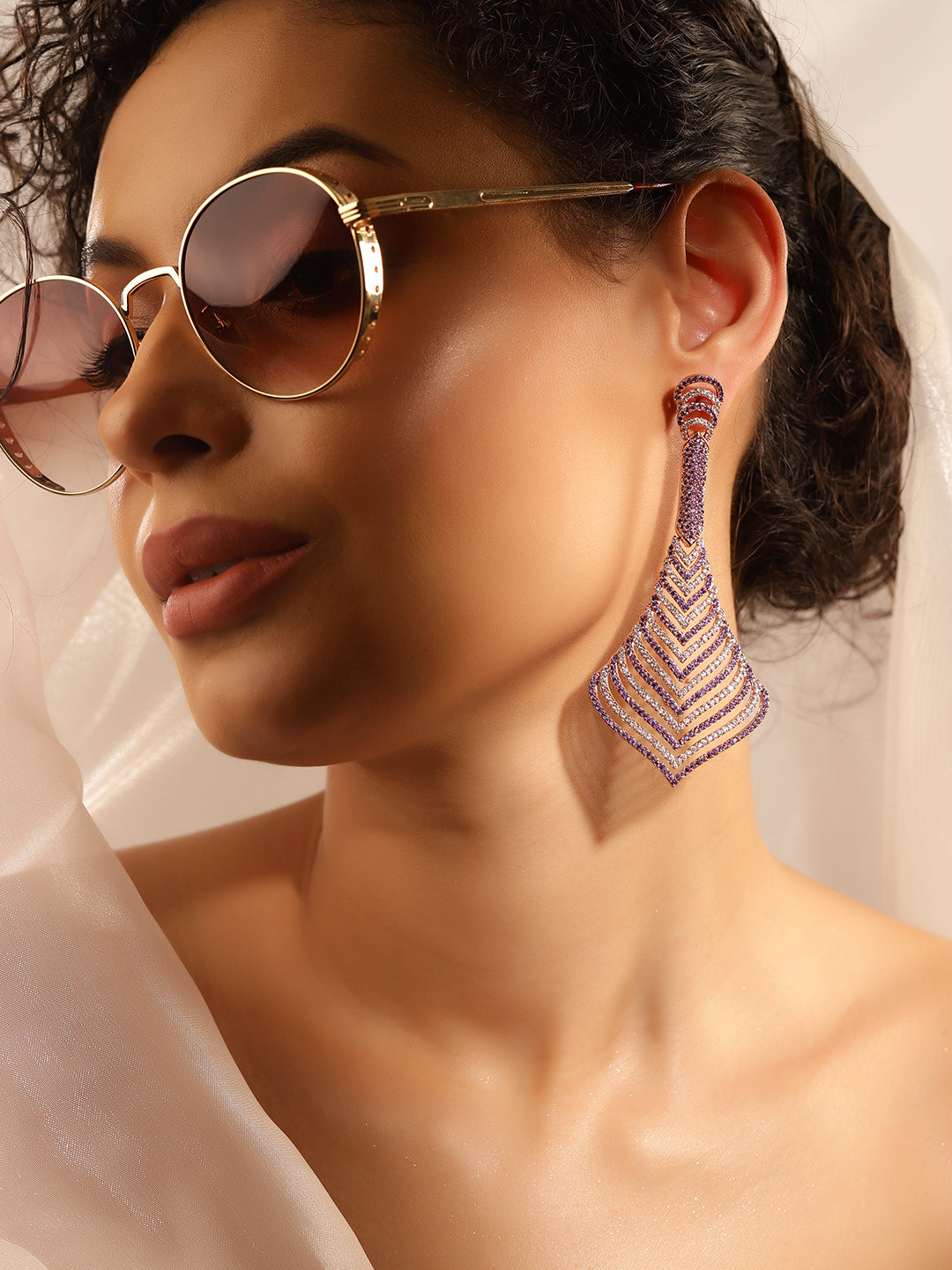 Purple Colour Silver Plated AD Drop Earring