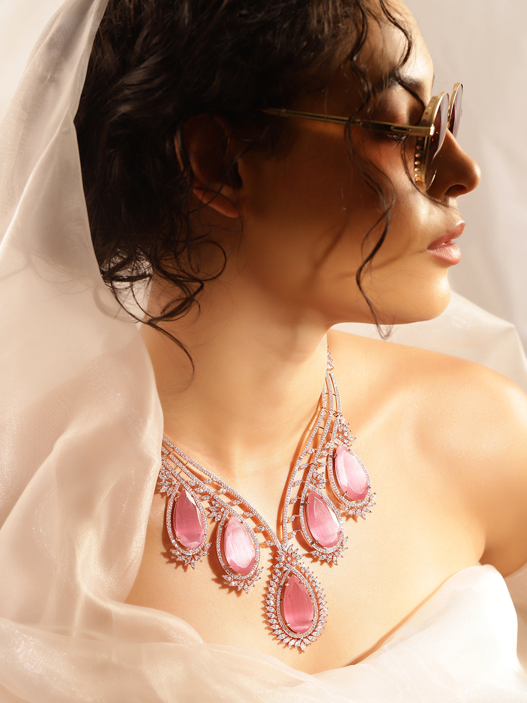 Pink Colour Silver Plated AD Jewellery Set