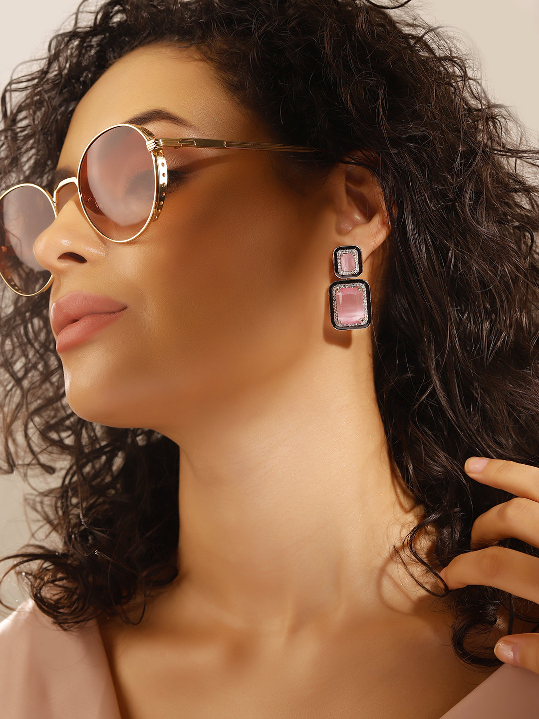 Pink Colour Silver Plated AD Drop Earring