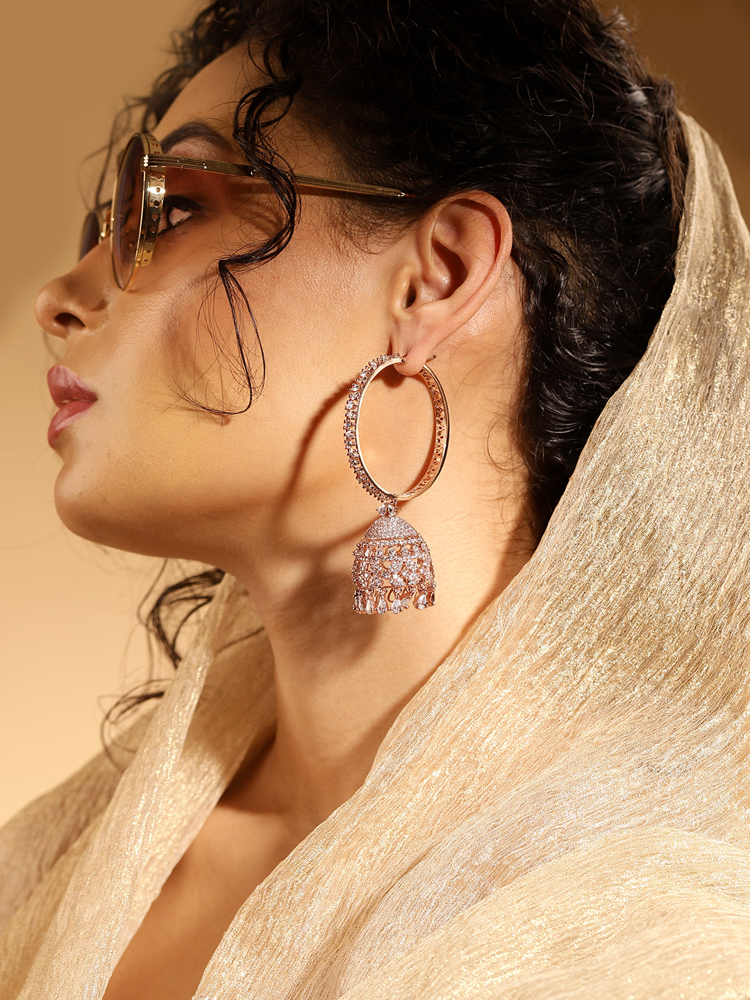 White Colour Rose Gold Plated AD Jhumka Earring