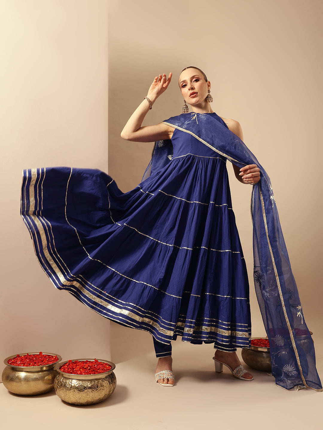 Comfy Royal Blue Organza Embroidered Anarkali Kurta Sets