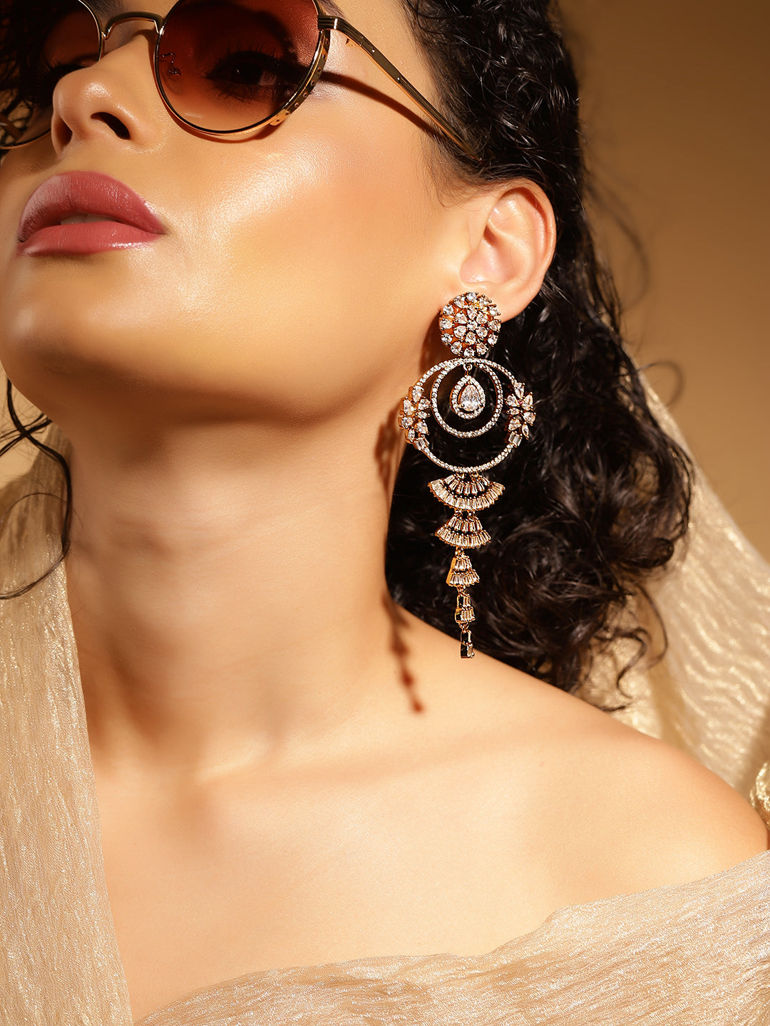 White Colour Gold Plated AD Drop Earring