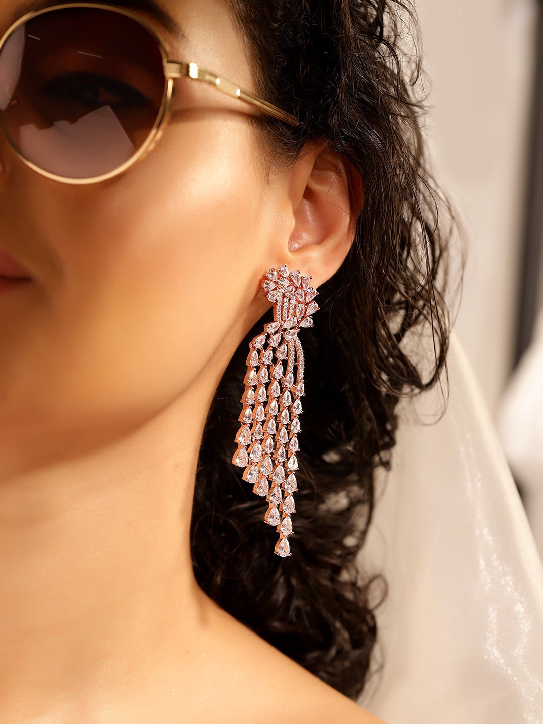 White Colour Rose Gold Plated AD Drop Earring