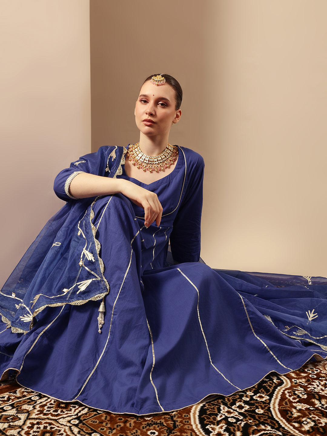 Comfy Royal Blue Organza Embroidered Anarkali Kurta Sets