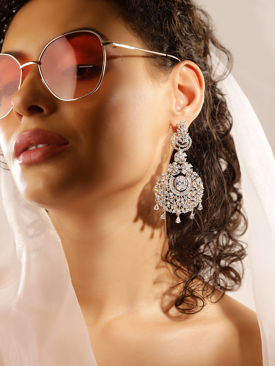 White Colour Silver Plated AD Drop Earring