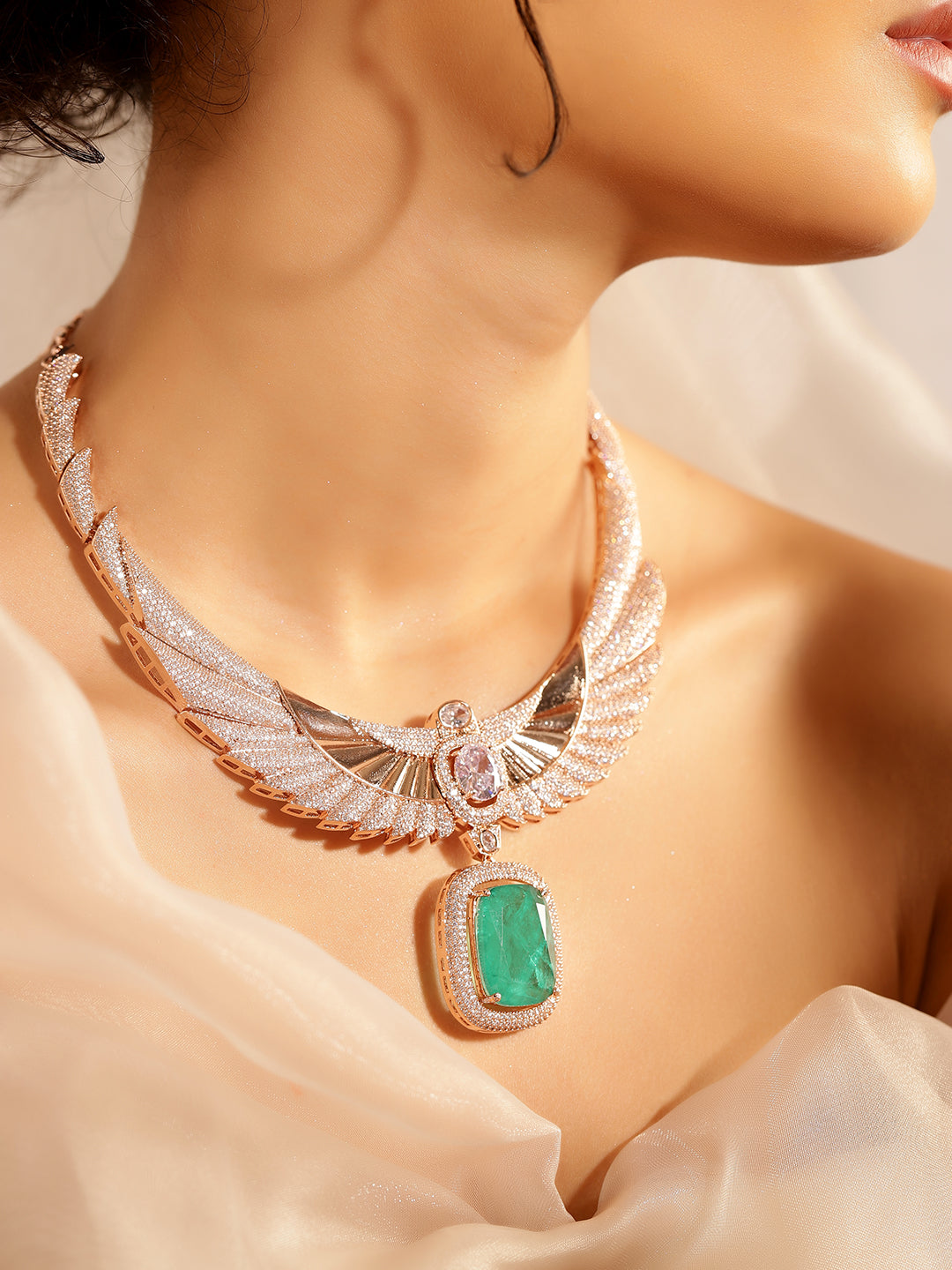 Green Colour Rose Gold Plated AD Jewellery Set